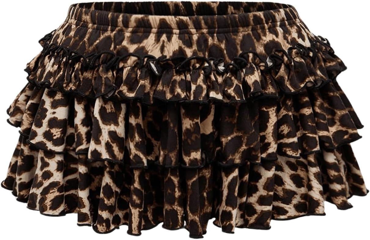 Women's Y2K Cheetah Print Ruffle Mini Skirt Leopard Tiered Layered A Line Cake Skirts | Amazon (US)