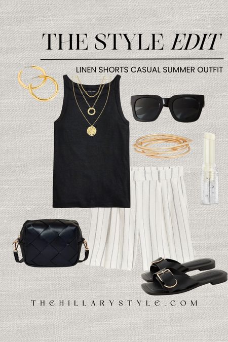 The Style Edit: Linen Shorts Casual Summer Outfit. All pieces under $100. Casual summer outfit for travel, shopping, errands, brunch, girls day, etc. Striped linen shorts, high neck black tank, black sandals, crossbody bag, black sunnies, gold layered necklace, gold bracelet stack, dainty gold hoops, sunscreen lip gloss. J. Crew, Old Navy, Target, Anthropologie, Super Goop, Open Edit, Panacea.

#LTKSeasonal #LTKStyleTip #LTKFindsUnder100