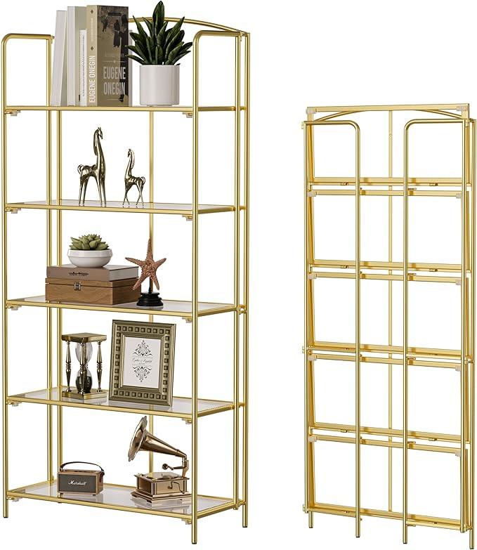 Crofy No Assembly Folding Bookshelf for Living Room, 5 Tier Gold Collapsible Book Shelf for Home ... | Amazon (US)