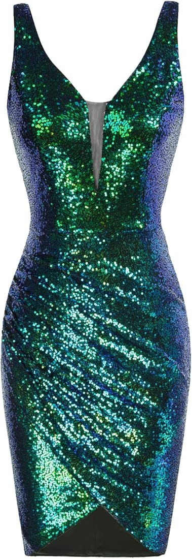 GRACE KARIN Women Deep V Neck Party Mini Dress U Back Sequin Irregular Hem Evening Dress | Amazon (US)
