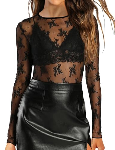 AKEWEI Womens Mesh Long Sleeve Tops Crew Neck Sexy See Through Tee Shirts Party Club Night Lace B... | Amazon (US)