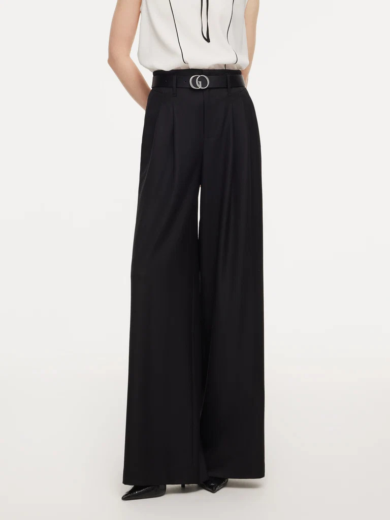 100 % Kammgarnwolle Damenhose mit geradem Bein und Gürtel | GOELIA