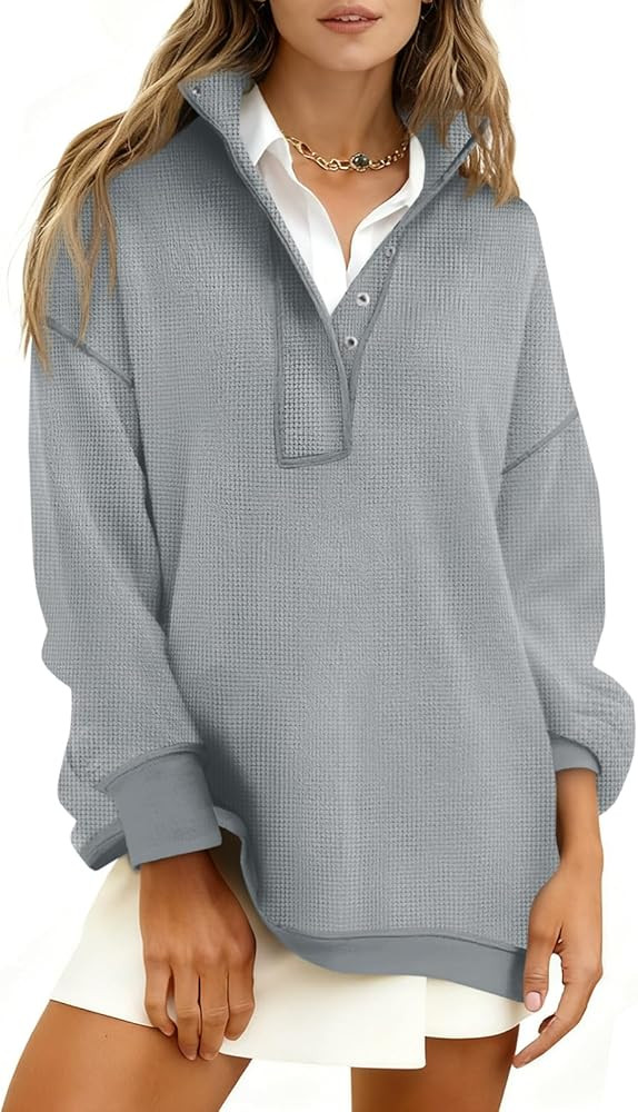 Fisoew Womens Waffle Knit Oversized Sweatshirt Casual Snap Stand Collar Long Sleeve Pullover Tops... | Amazon (US)