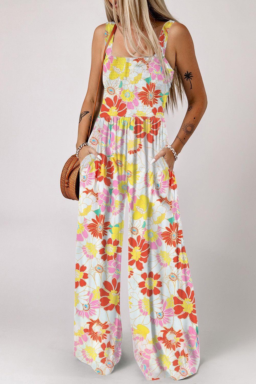 Floral Shirred Fit and Flare country Jumpsuits | Evaless