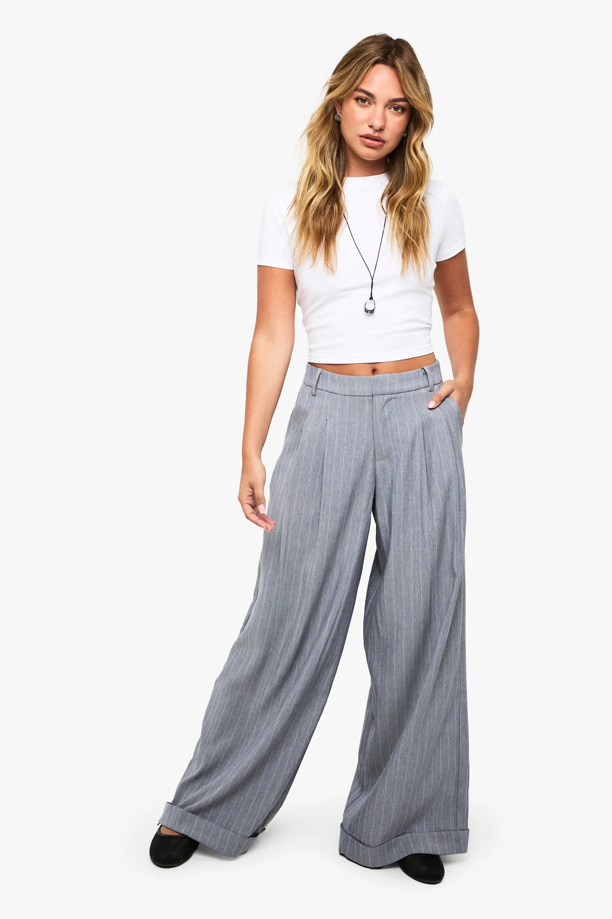 Tailored Pinstripe Turn Up Wide Leg Trouser | boohoo (US & Canada)