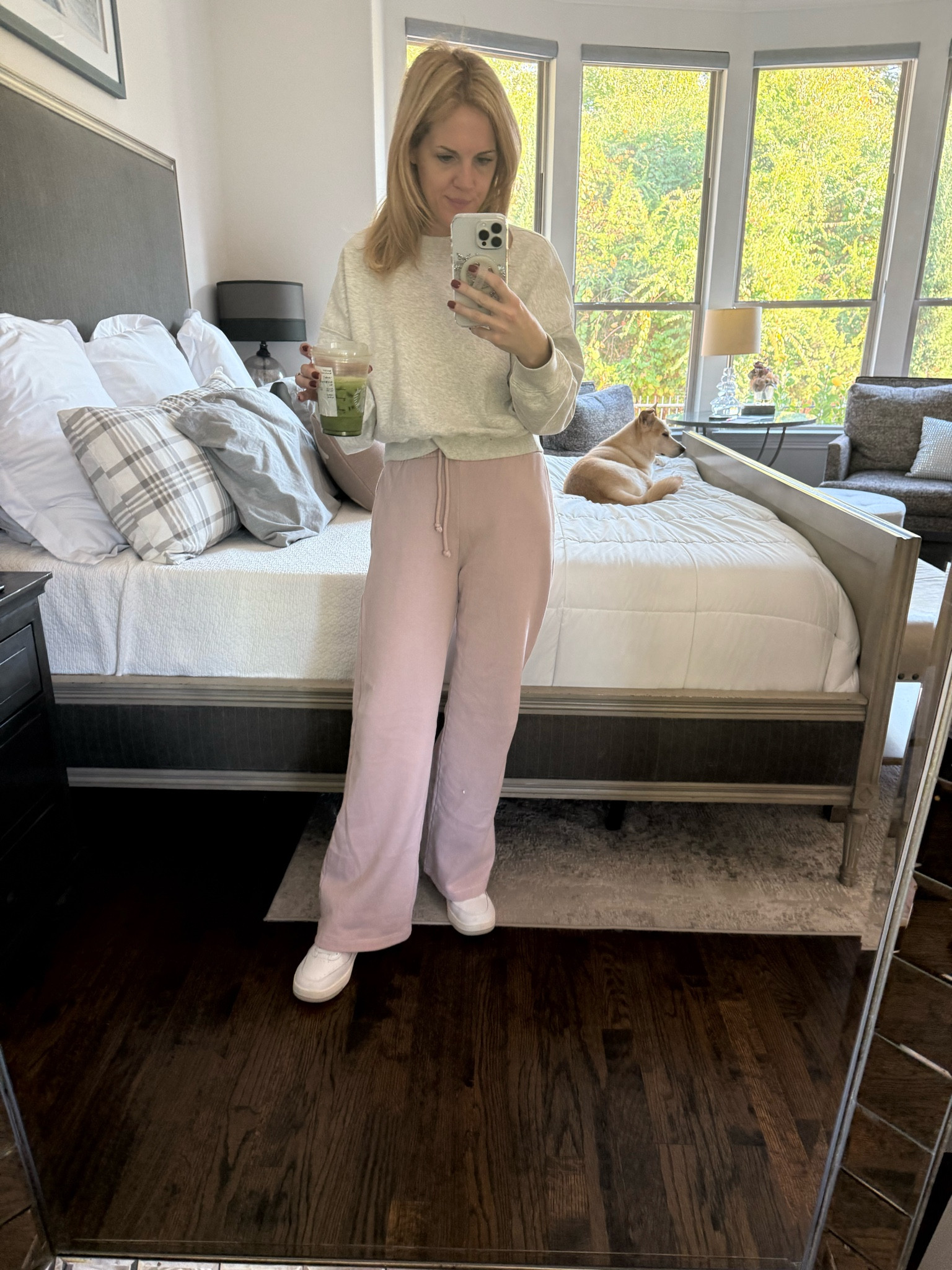 Fall lounge wear 
Fall style 
Flared sweat pants 
Abercrombie and Fitch 
Fleece sweatshirt 
A&F style 
Casual fall look 
White Nike sneakers 

#LTKFindsUnder100 #LTKSeasonal #LTKFindsUnder50