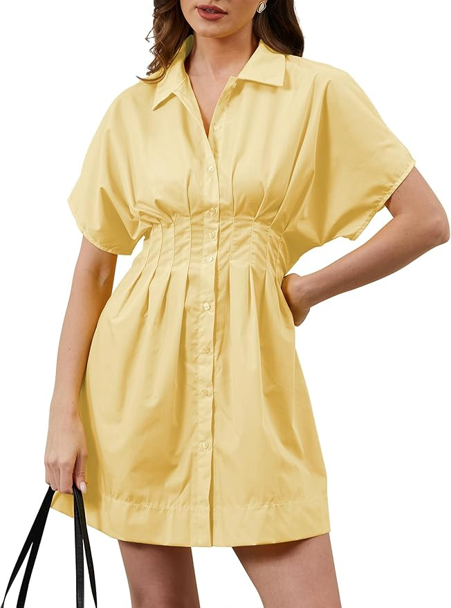 Women Button Down Pleated Shirt Dress Summer Short Sleeve Blouse Striped Print Corset Mini Dresse... | Amazon (US)