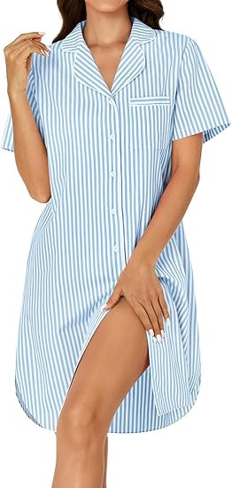 Rooscier Women's Cotton Striped Nightshirt Collar V Neck Short Sleeve Nightgown Button Down Night... | Amazon (US)