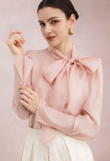 Self-Tie Bowknot Puff Sleeve Organza Top in Pink for Office Casual & Weekend Brunch | Chicwish