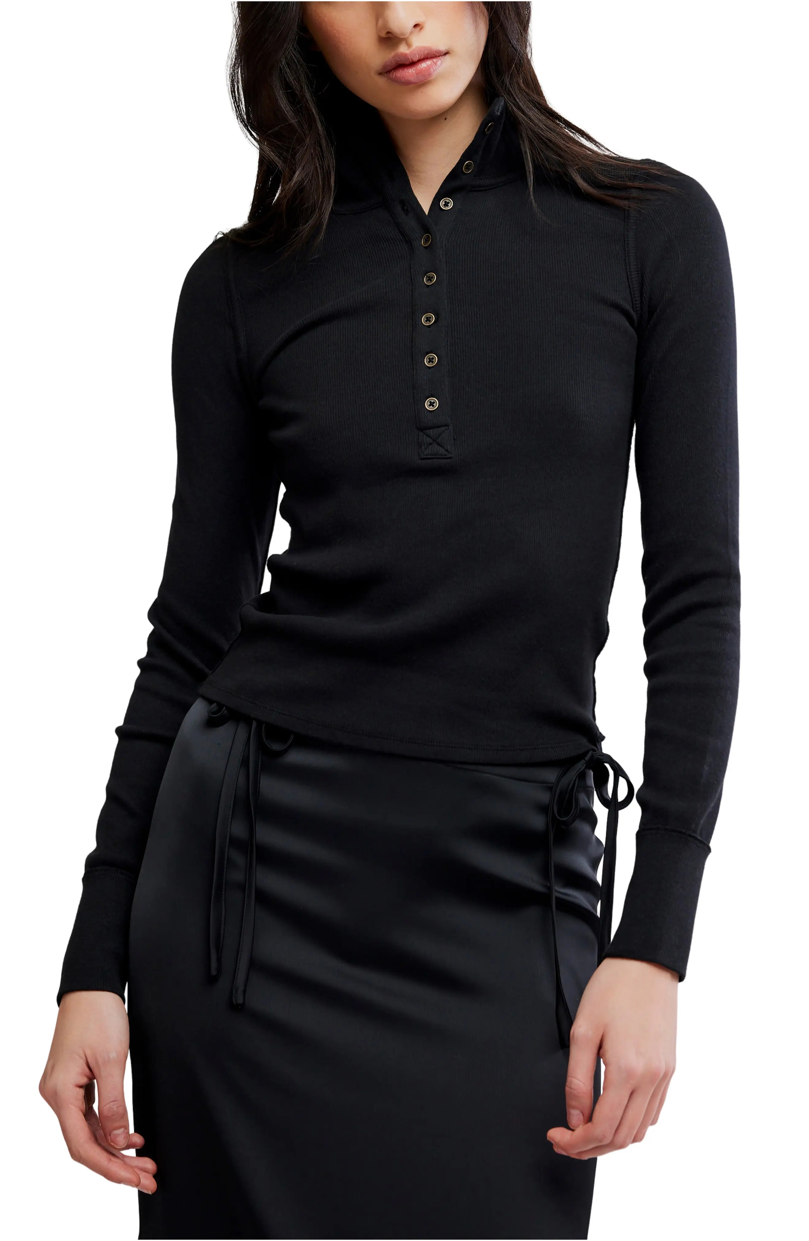 Free People Lake Stand Collar Stretch Cotton Rib Henley in Black at Nordstrom, Size Medium | Nordstrom