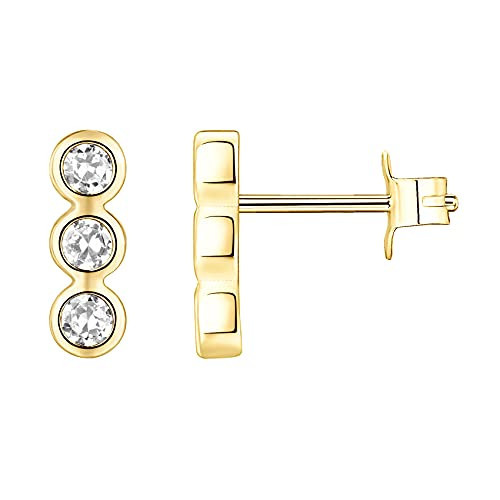 PAVOI 14K Yellow Gold Plated 925 Sterling Silver Post Triple Stone Stud | Bezel Set CZ Earrings | Womens Ear Crawlers | Amazon (US)