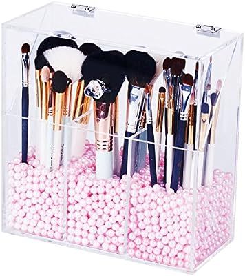 Newslly Clear Acrylic Makeup Organizer with 3 Brush Holder Compartment and Dustproof Lid, Cosmeti... | Amazon (US)