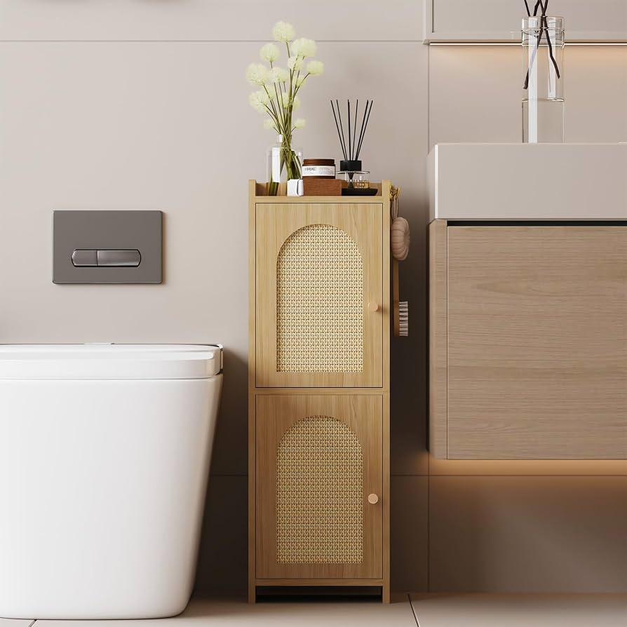 Arbuxzuy Rattan Bathroom Storage Cabinet,Corner Floor Cabinet with 2 Doors and Adjustable Shelf, ... | Amazon (US)