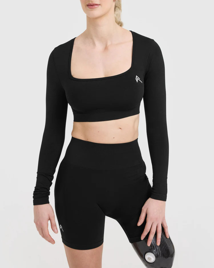 Effortless Square Neck Crop Long Sleeve Top 
 Black | Oner Active (UK / US)