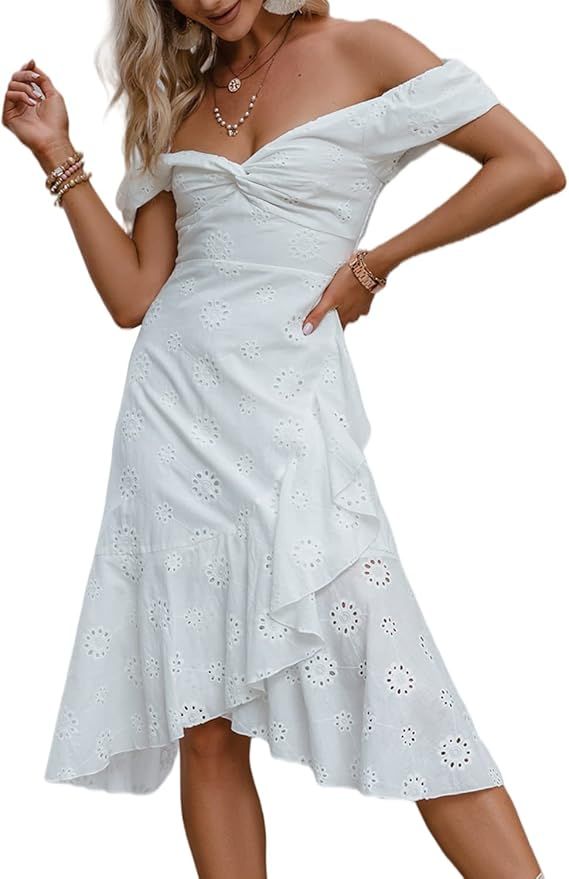 Miessial Women's Bridal Shower Off Shoulder Midi Dress Summer Elegant V Neck Ruffle Eyelet Dress | Amazon (US)