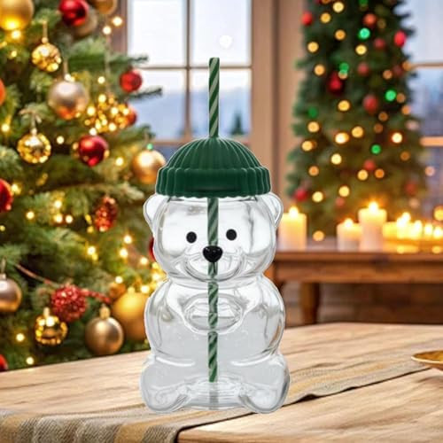 ZHSSTUIEN New Bear Glass Cup with Straw 17oz Clear Bear Straw Cup with Green Hat Lid for Juice Milk Tea Smoothies Perfect Festival Gift | Amazon (US)