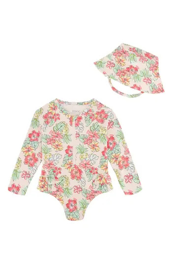 Roxy Floral Long Sleeve One-Piece Rashguard & Hat Set in Multicolored at Nordstrom Rack, Size 6-9M | Nordstrom Rack