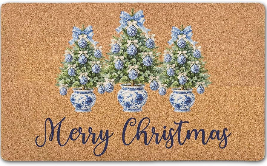 Chinoiserie Christmas Trees Welcome Outdoor Doormats Rugs Non-Slip Backing | Amazon (US)
