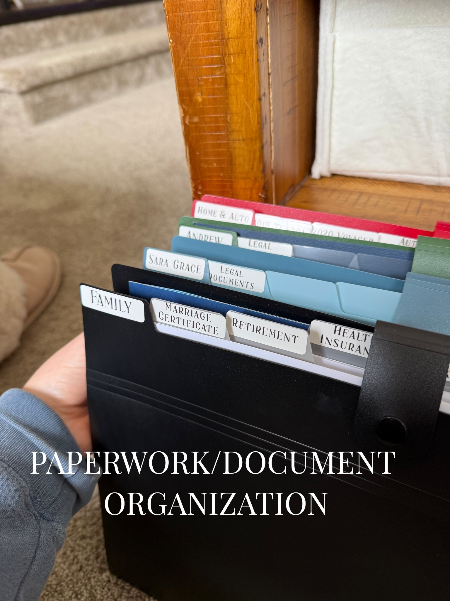 Home Organization! I love having individual file folders with tabs on the inside to keep all of our important paperwork in one place! 

💡file ideas! 
-Family 
-Home & Auto (insurance, maintenance etc.)
-One for each family member 
-Taxes 
-Finances

