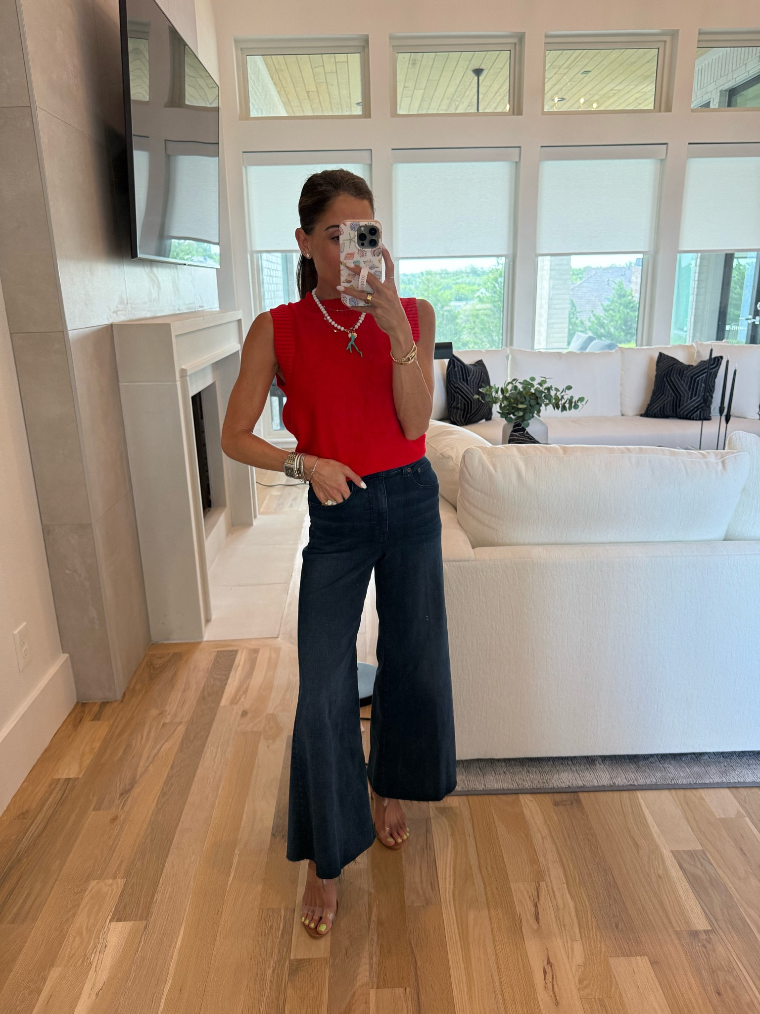 Wide leg stretchy jeans size 23 sweater tank necklace petite jeans summer outfit

#LTKootd #LTKPetite
