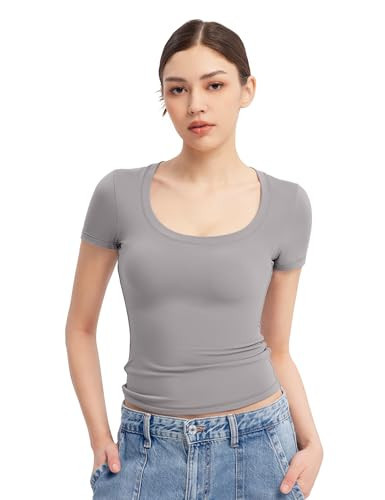 PUMIEY Short Sleeve T Shirts for Women Scoop Neck Top Basic Going Out Crop Tops Summer Slim Fit Tee Shirt Gray, Small | Amazon (US)