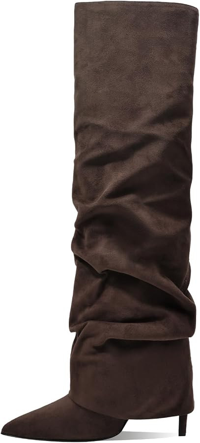 Women's Knee High Boots Fold Over High Heel Pointed Toe Black White Long Boots Women Dress Tall B... | Amazon (US)