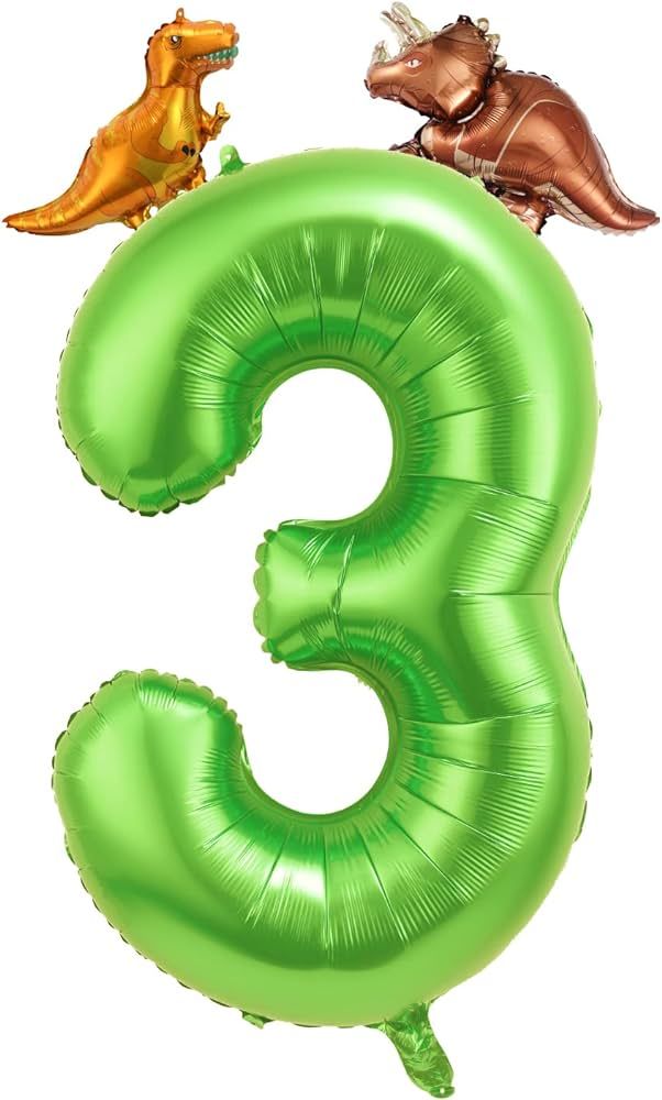 40 Inch Number 3 Balloon Dinosaur Balloon, Large Number Balloon Green Aluminum Foil Balloon Cute ... | Amazon (US)