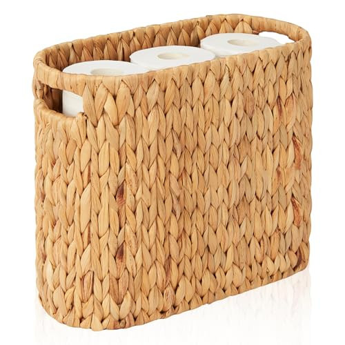 FairyHaus Wicker Toilet Paper Storage Basket with Buit-in Handles, 9 Rolls Natural Water Hyacinth Toilet Paper Holder Stand with Storage, Freestanding Handwoven Toilet Paper Holder Basket for Bathroom | Amazon (US)