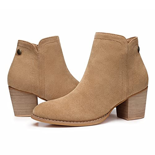 SHIBEVER Women's Ankle Boots Heel: Chunky Low Heeled Almond Toe Short Booties with Zipper Faux Suede Dress Western Fall 2025 Shoes Tan Size 9 | Amazon (US)