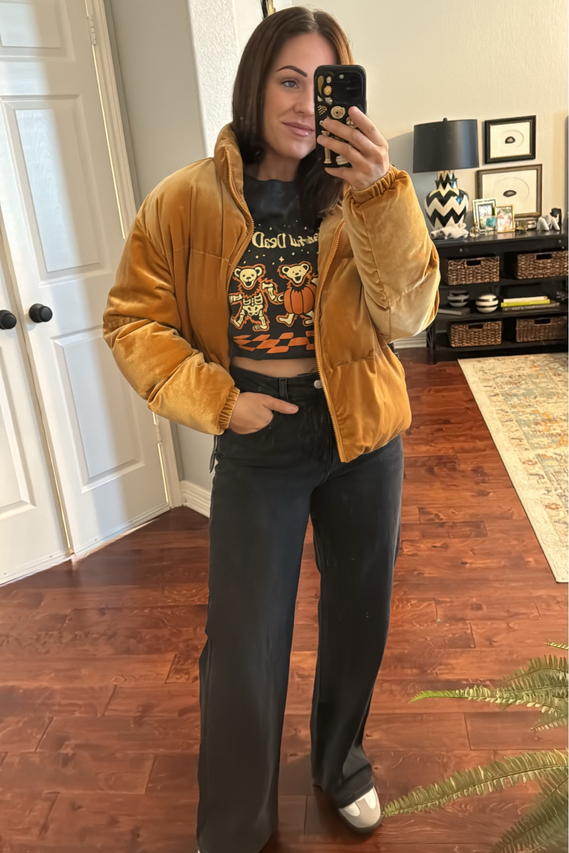 Velvet gold puffer jacket wide leg black denim jeans Grateful Dead tee styling a graphic tshirt adidas samba

#LTKHoliday #LTKstyletip #LTKfindsunder50