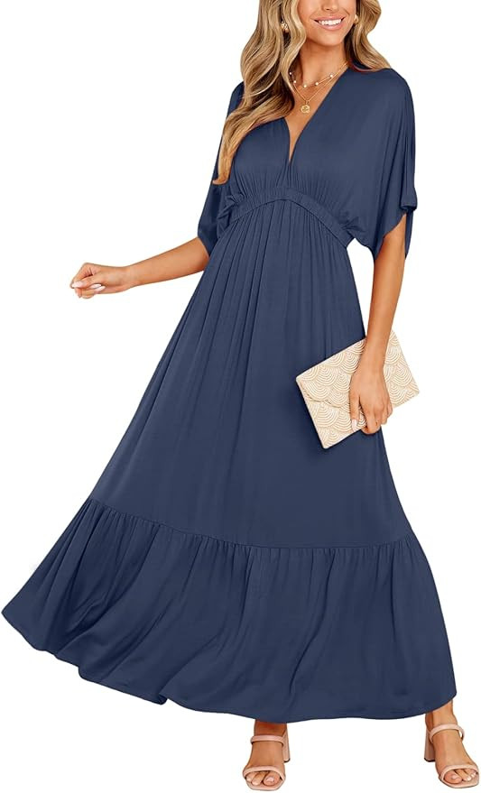 DEEP SELF Women’s Summer V Neck Batwing Short Sleeve Maxi Dress Casual Loose High Waist Flowy L... | Amazon (US)