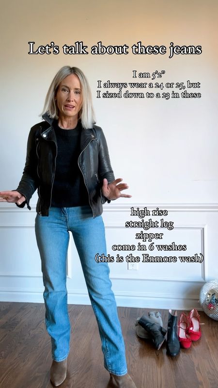 Straight leg jeans
I sized down to 23 (I’m normally 24 or 25)
High rise jeans
Boots
Leather jacket
On sale with code LETSGO and LTK20

Jeans are only on sale with code LTK20, but most of site is on sale with both codes!

#LTKover40 #LTKstyletip #LTKsalealert