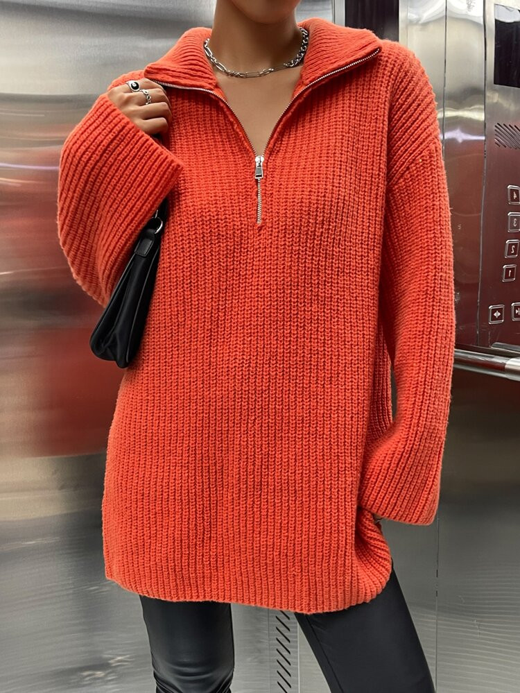 Drop Shoulder Zip Half Placket Sweater | SHEIN