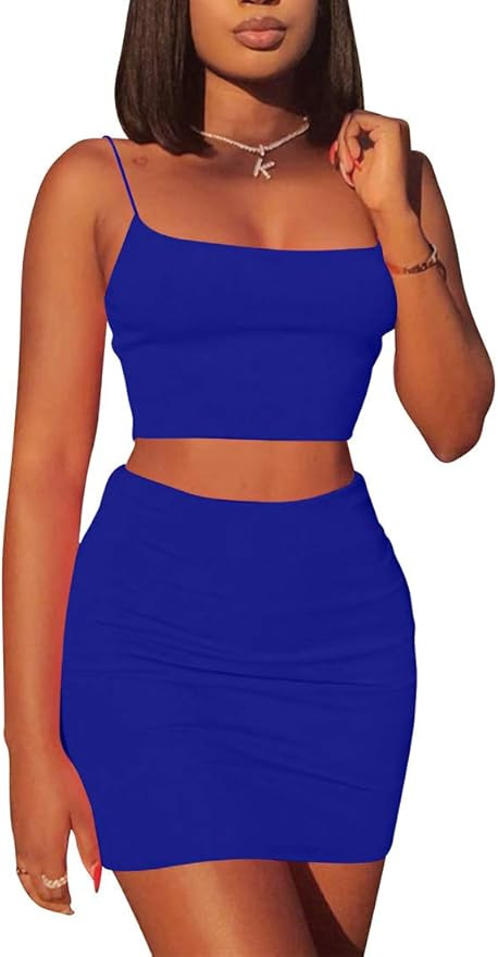 Kaximil Women's Summer 2 Piece Outfits Cami Crop Top Bodycon Skirt Mini Club Dress | Amazon (US)