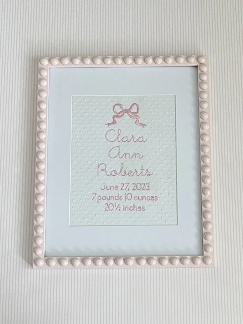 Custom Embroidered Birth Announcement With Bow | Baby Name Wall Art | Newborn Gift | Girl Nursery... | Etsy (US)