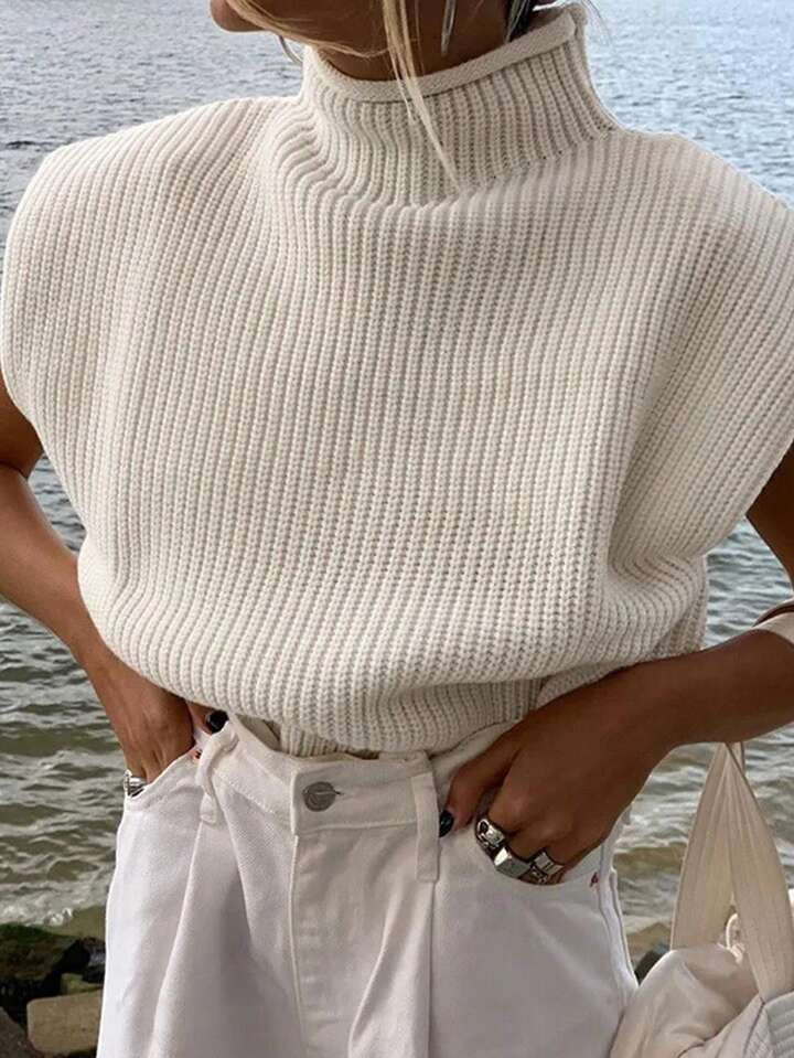 SHEIN Essnce Women's Casual Solid Color Stand Collar Loose Knitted Sweater, Spring/Autumn | SHEIN