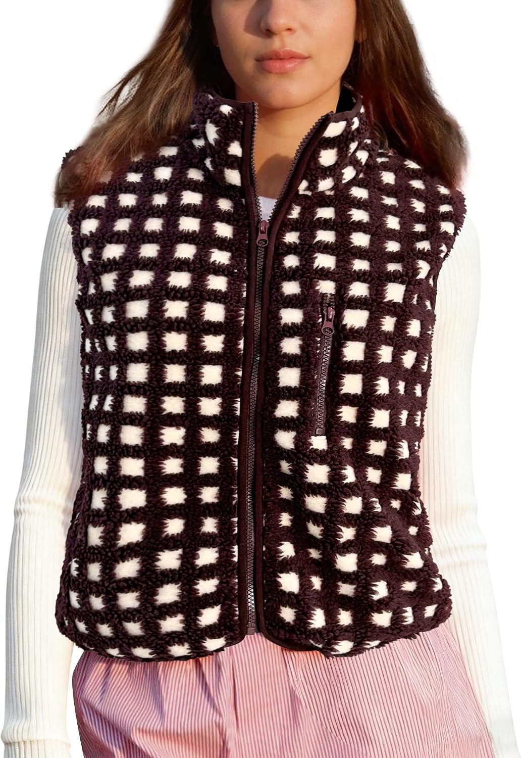 SeeLuNa Plaid Fleece Vest Women Sleeveless Sherpa Vest Full Zip Jacket | Amazon (US)