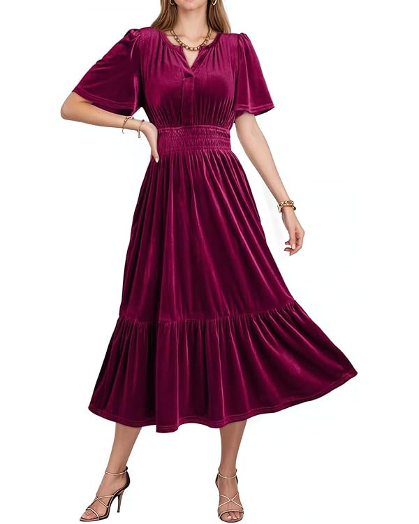 Dokotoo Women's V Neck Short Flared Sleeve Wedding Guest Dress Elastic Waist Tiered Ruffle Hem Ve... | Amazon (US)