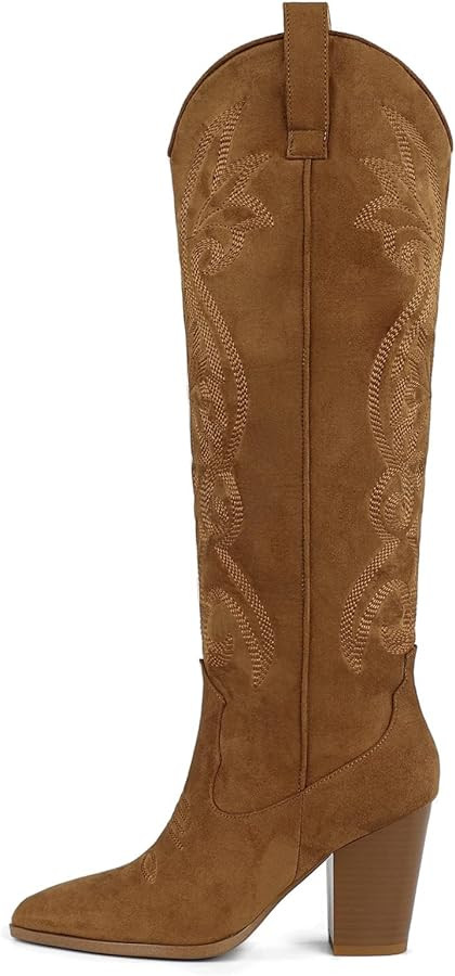 WIRALOMI Women Western Knee High Boots Embroidered Chunky Block Heel Cowboy Boots Pointed Toe Pul... | Amazon (US)