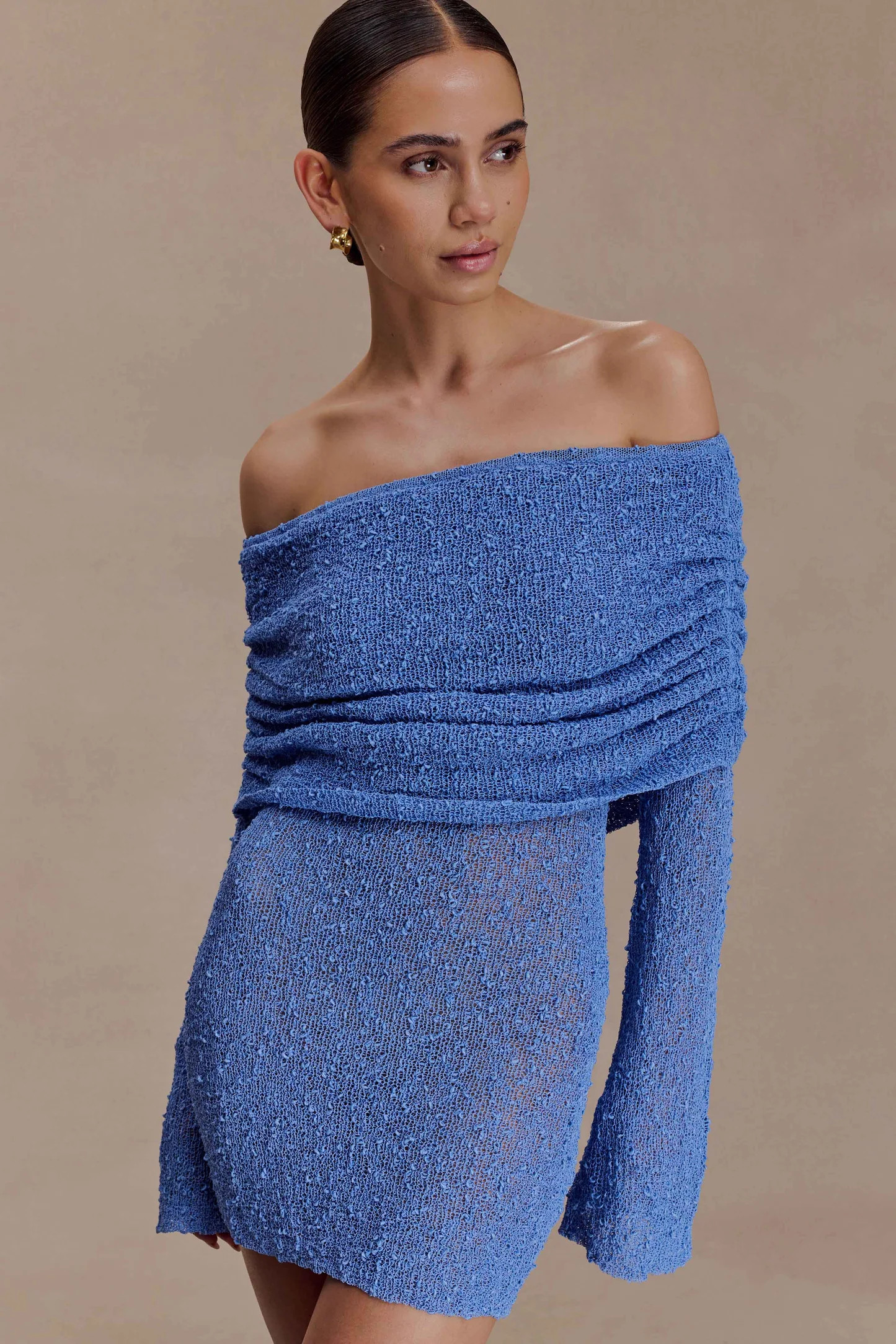 Off Shoulder Boucle Mini Dress - Periwinkle | MESHKI US