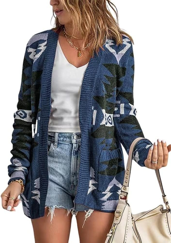 chouyatou Women's Tribal Aztec Print Sweater Open Front Knitted Jacquard Cardigan Sweater | Amazon (US)