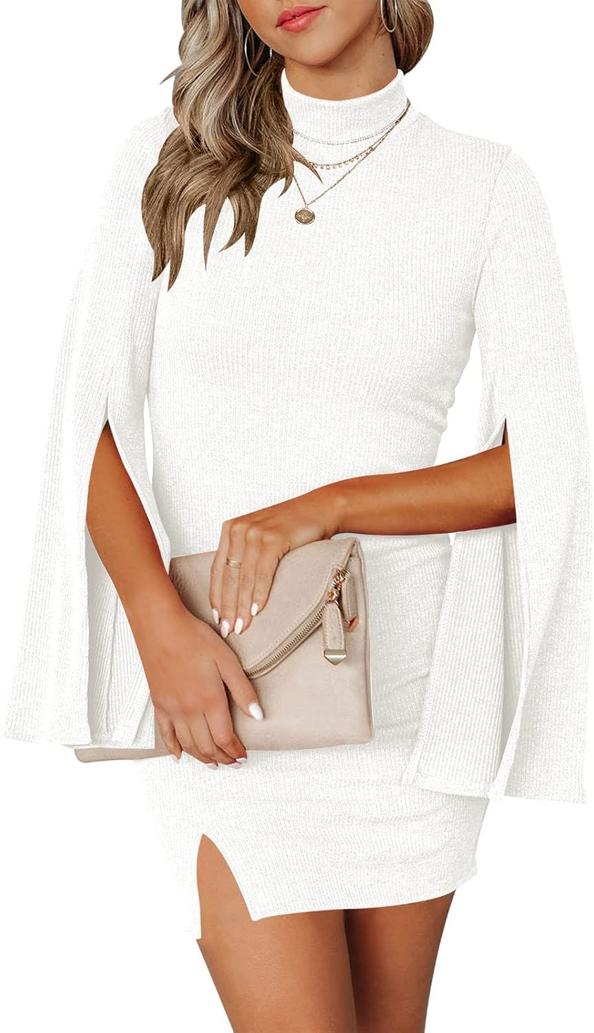 ANRABESS Women's Mock Neck Cloak Long Sleeve Slim Fit Slit Side Bodycon Knit Mini Dress for Clue ... | Amazon (US)