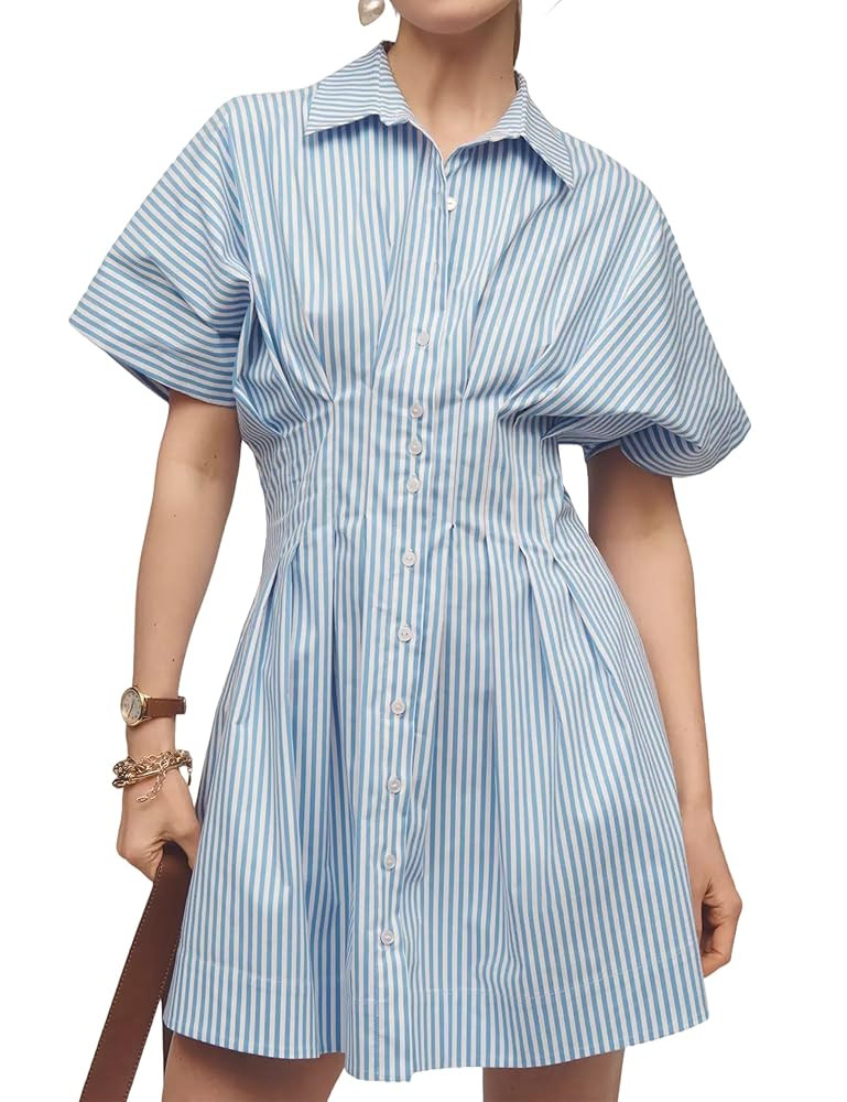 MISSACTIVER Women Pleated Button Down Shirt Dress Short Sleeve Striped Corset Mini Dresses Casual... | Amazon (US)