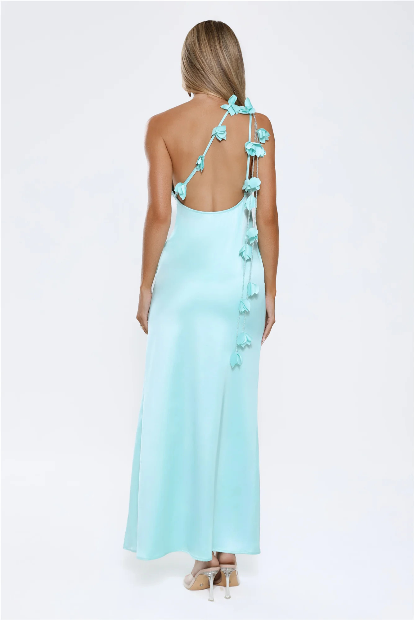 Romance Redefined One Shoulder Satin Maxi Dress Aqua | Hello Molly (US)
