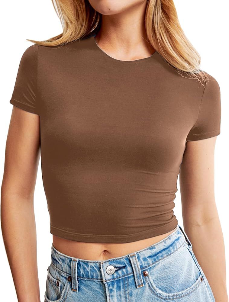 Beumissy Women's Basic Short Sleeve Crewneck T Shirt Double Lined Fitted Crop Tops | Amazon (US)