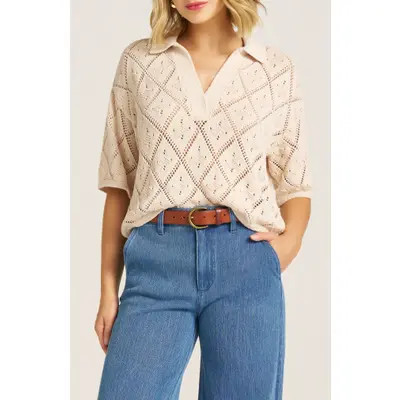 matty m. Jasmine Open Stitch Johnny Collar Sweater in Natural at Nordstrom, Size Small | Nordstrom