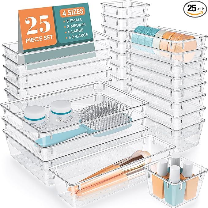 WOWBOX 25 PCS Clear Plastic Drawer Organizer Set, 4 Sizes Desk Drawer Divider Organizers and Stor... | Amazon (US)