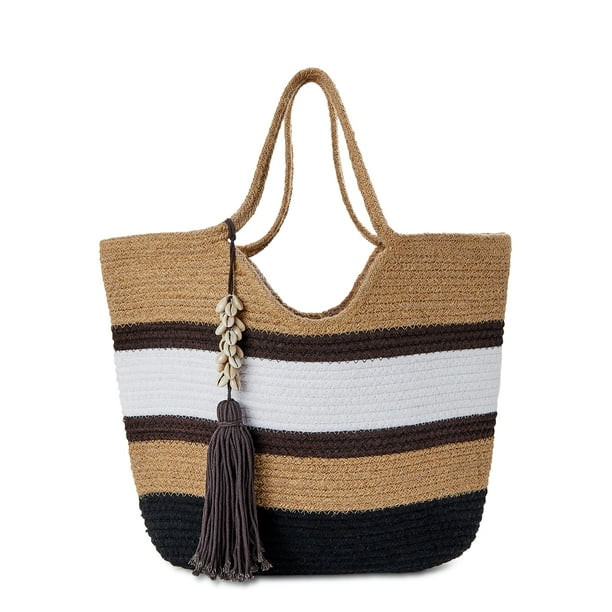 Twig & Arrow Women's Adult Jute Tote Bag with Seashells And Tassels Warm Chocolate - Walmart.com | Walmart (US)