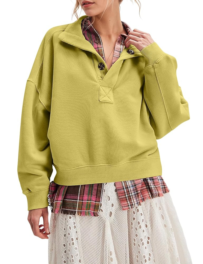 Women Button Mock Neck Sweatshirt Oversized Long Sleeve Henley Pullover Tops 2025 Fall Casual Tee... | Amazon (US)
