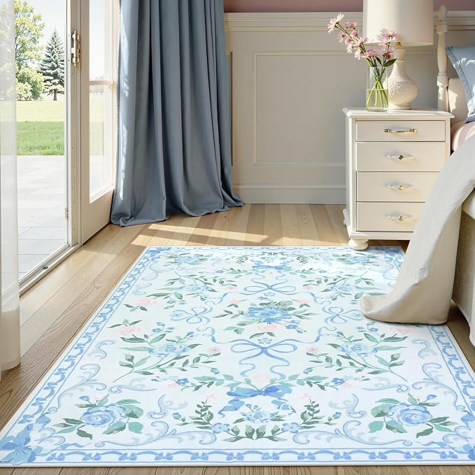4x6 Blue Floral and Bow Washable Nursery Rug for Girls Bedroom | Soft Ultra-Thin Kids Dorm Room A... | Amazon (US)